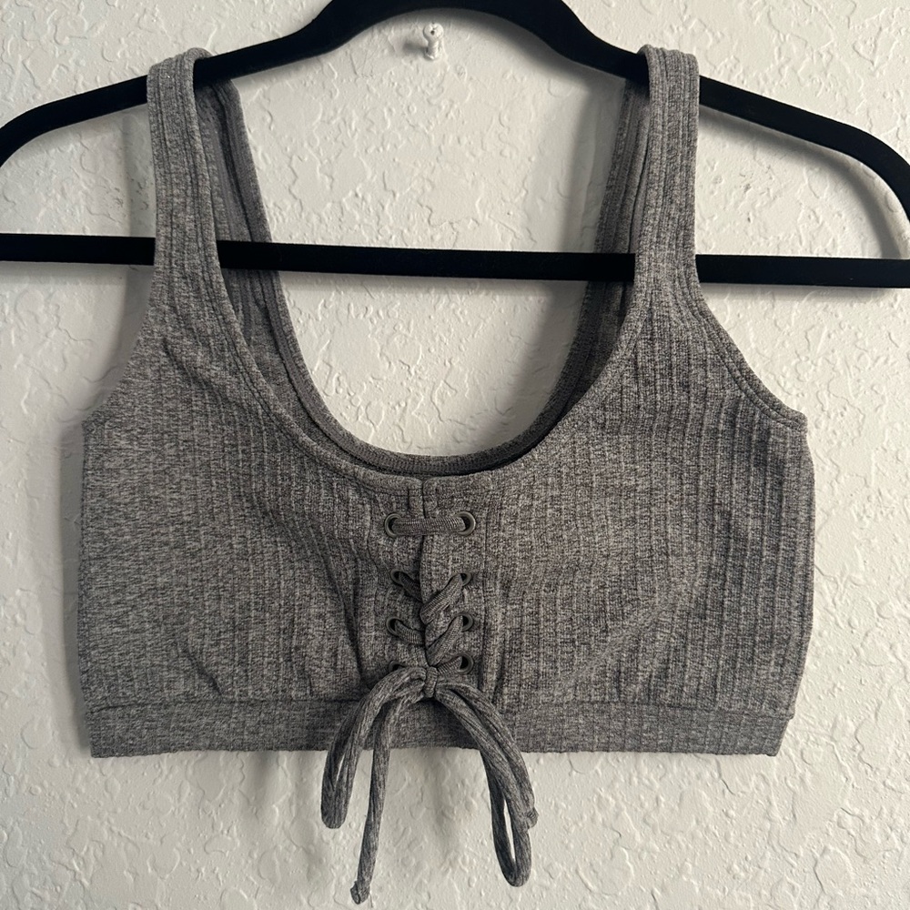 Gray Ribbed Lace-Up Crop Top/bra